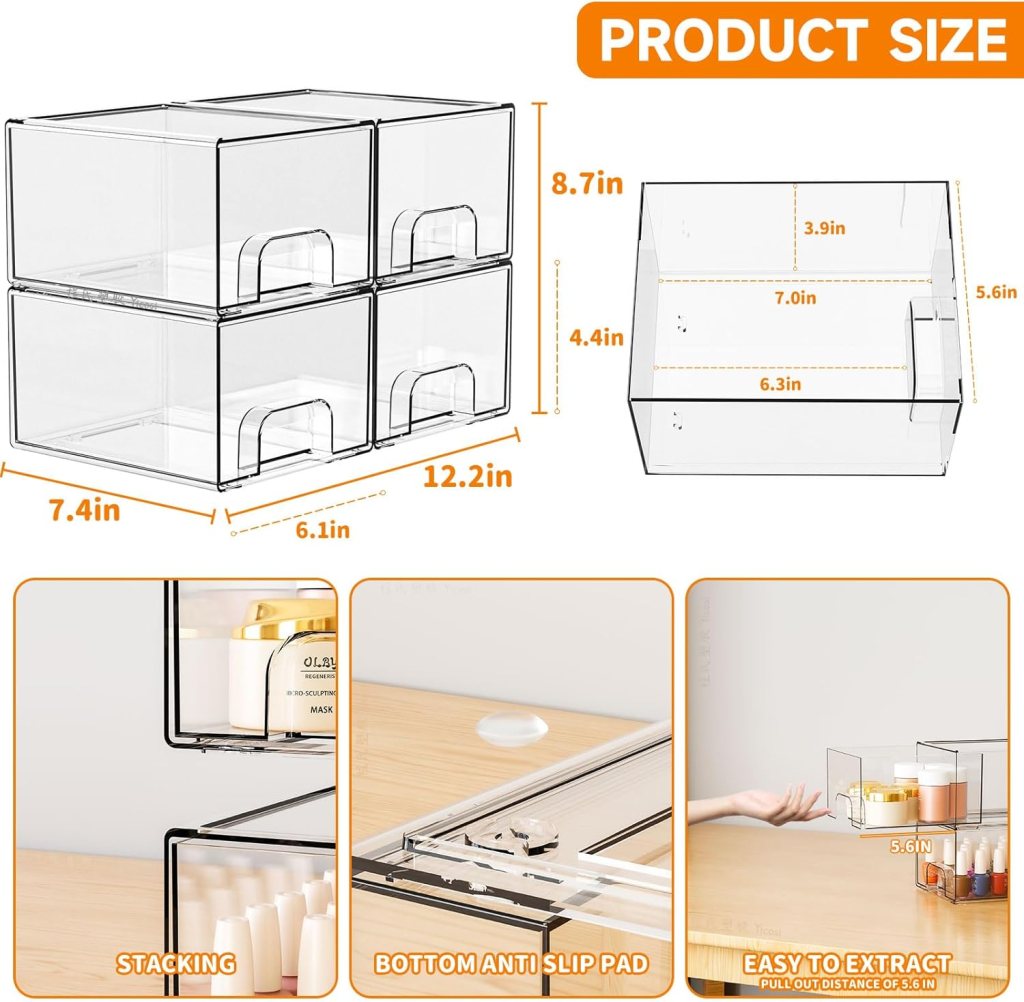 4 Pack Clear Stackable Storage Drawers,4.4'' Tall Acrylic Drawer Containers for Organizing