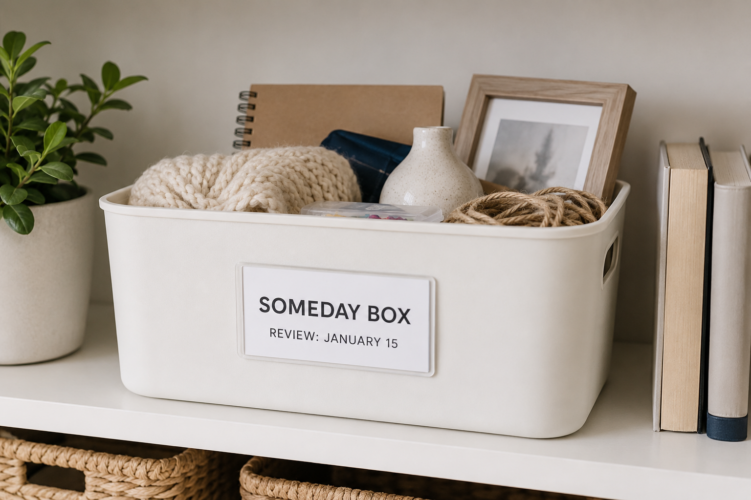 Organized Someday Box Shelf Vignette